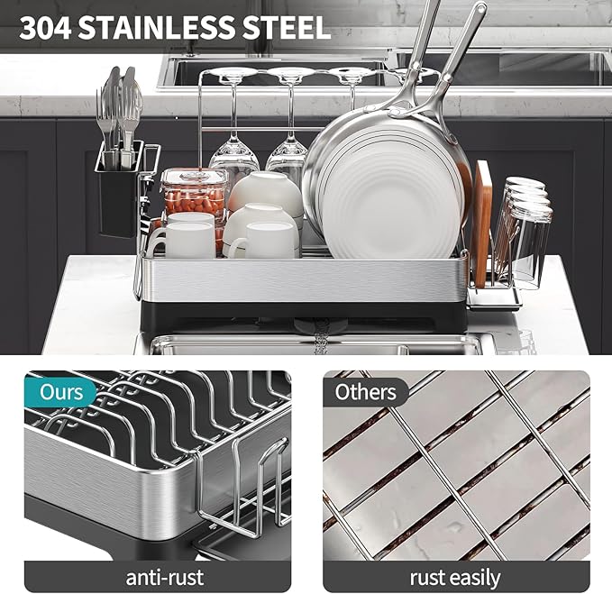 Urackify Dish Drying Rack for Kitchen Counter, 304 Stainless Steel Dish Rack, Multi-Function Dish Drainer with Wine Glass Holder, Large Dish Strainer with Cup Holder, Cutlery Holder, Large Size