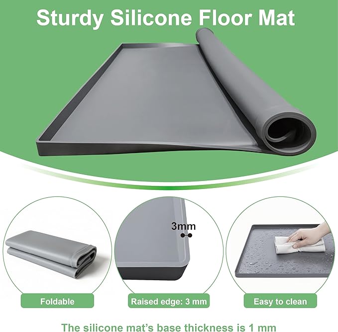 27x27 Inch Silicone Washing Machine Drain Pan – Fits Compact Washers up to 3.5 cu. ft., Waterproof Leak Protection Mat, Anti-Vibration Floor Protector, Grey