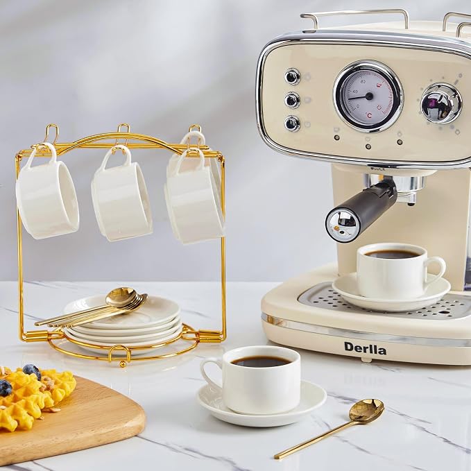 YOLIFE Espresso Cups with Saucers Set and Gold Metal Stand, 2.5oz Expresso Shots Cup with Stand & Saucers, Ceramic Coffee Espresso Cups Set of 6, White