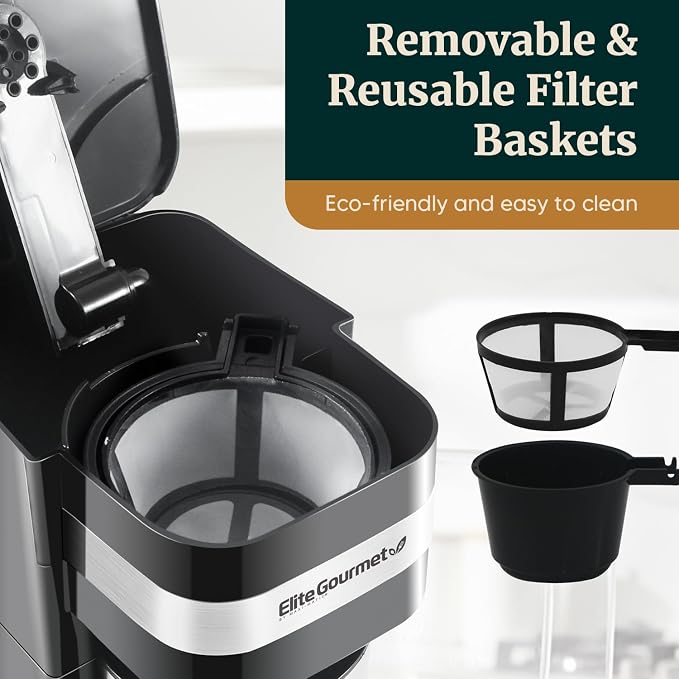 Elite Gourmet EHC113 Personal Single-Serve Compact Coffee Maker Brewer Includes 14Oz. Stainless Steel Interior Thermal Travel Mug, Compatible with Coffee Grounds, Reusable Filter, Black