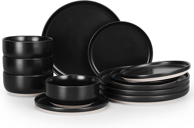 HaWare Stoneware Dinnerware Sets, 12-Piece Plates and Bowls Set for 4, Dishes Set for Home Restaurant, Frosting Black