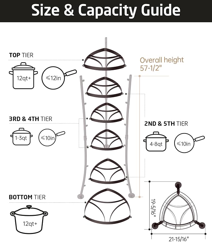 KES Oiled Bronze Freestanding Pot Rack, 6-Tier Cast Iron Cookware Stand with 6 Hooks, Pots and Pans Storage Tower for Kitchen, Stable Base, 264 Lbs Capacity, Anti-tip Strap & Floor Protectors