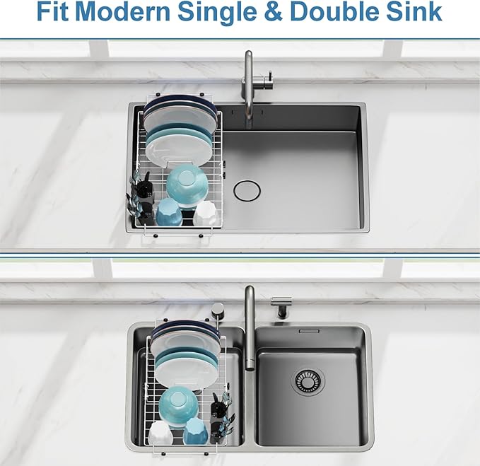 GSlife Expandable Over The Sink Dish Drying Rack - Stainless Steel Heavy Duty in Sink Dish Drainer with Square Corners, Rust Resistant with Lock Knob, Fit for Modern Single & Double Sinks, Black