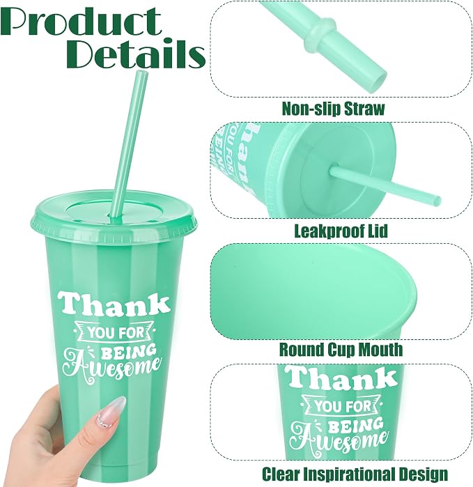 Kochorie 48 Pieces Thank You Cups 24 Oz Inspirational Plastic Tumbler Cup with Lids and Straws Reusable Appreciation Gift Bulk Thank You Gifts for Staff Coworker Teacher Employee, Rainbow