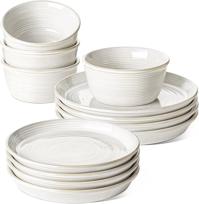 LE TAUCI Ceramic Plates and Bowls Set for 4, 12-Piece Ceramic Dinnerware Set, Farmhouse Dishes Set, Microwave & Dishwasher Safe, Stackable,12-Piece, Arctic White (10" Dinner+8" Salad Plates+6" Bowls)