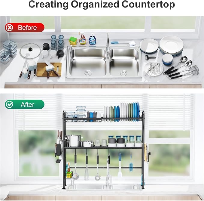 GSlife Over The Sink Dish Drying Rack, 2 Tier Above Sink Dish Drainer Drying Rack with Utensil Holder for Kitchen Counter, Rustproof Kitchen Plate Organizer, Black