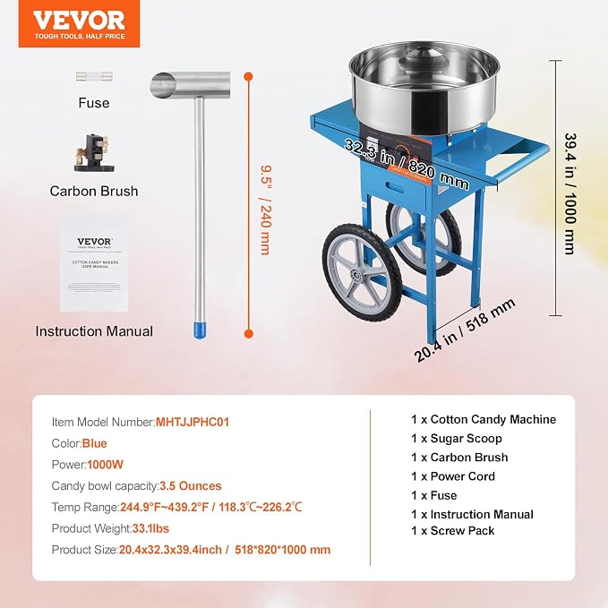 VEVOR Electric Cotton Candy Machine with Cart, 1000W Commercial Candy Floss Maker with Stainless Steel Bowl, Sugar Scoop and Drawer, Perfect for Home, Kids Birthday, Family Party, Blue
