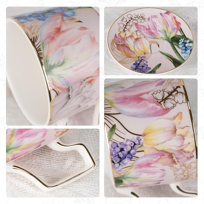 KAMMAK Tea Cups and Saucers Set of 2, Porcelain Coffee Cups, Stackable Espresso Mugs, Ceramic Demitasse for Coffee, Latte, Americano, Tea, Turmeric - Gold