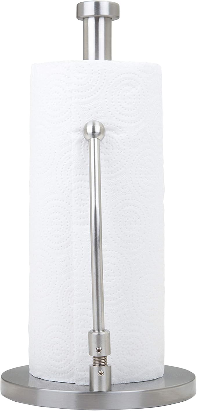 Stainless Steel Paper Towel Holder with Tension Arm – Weighted Countertop Stand, One-Hand Tear, Rust-Proof Full Stainless Steel Construction, Modern Kitchen Roll Holder