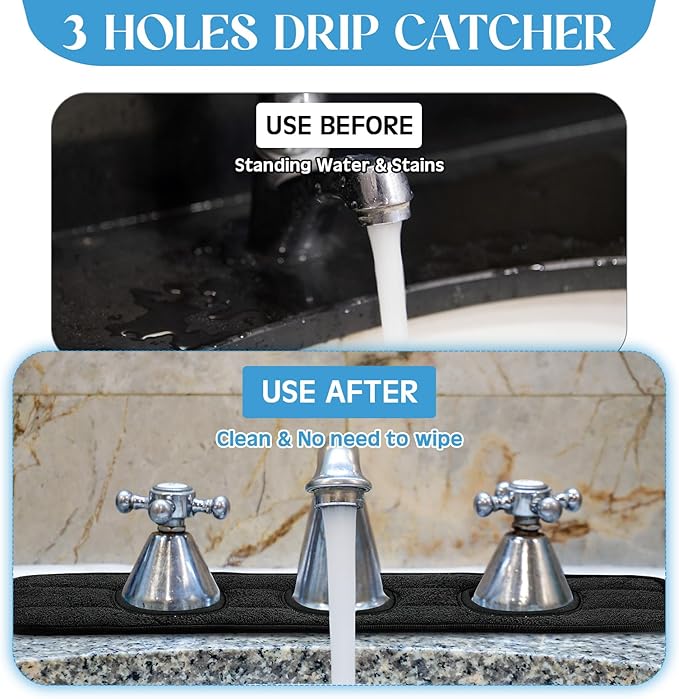 Teenyyou 2 Pcs Faucet Mat for Kitchen Sink Splash Guard for Kitchen Sink Faucet Dish Drying Mat for Bathroom Sponge Holder(Black,3 Round Holes)
