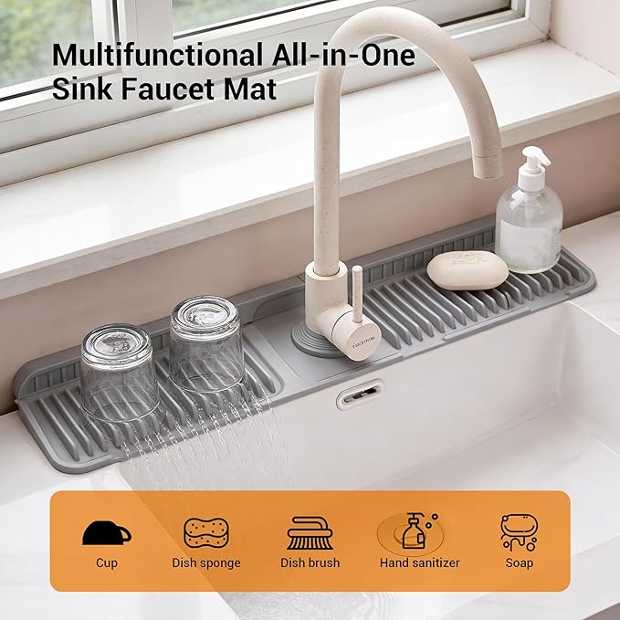 ZJWZLG Faucet Mat for Kitchen Sink, 24"X5.5" Silicone Sink Splash Guard with Soap Holder, Snap-On Design & 7°slope Fast Drain, Folding Sink Faucet Mat for Universal Kitchen Bathroom Sink（Grey）