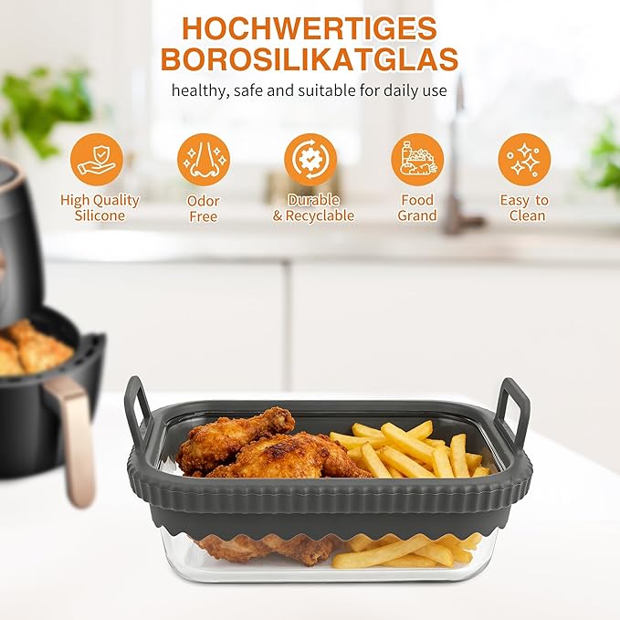 Air Fryer Glass Liner Reusable, Air Fryer Liners Silicone with Removable Silicone Ring for Ninja Dual Basket, Cosori, Philips, BPA-Free, Heat Resistant, Dishwasher Safe