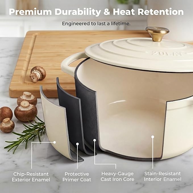 Zulay Kitchen 6.4QT Enameled Cast Iron Dutch Oven Pot with Lid, Heavy-Duty Soup Pot for Stews, Braising, Roasting & Sourdough Bread Baking, Oven Safe up to 500°F - Ivory