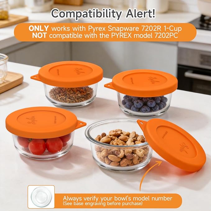 Sophico Silicone Storage Lids Cover Replacement for Pyrex Freshlock and SNAPWARE 1CUP(7202R), Round Glass Bowls Containers Set, Airtight Lids, 4 Pack