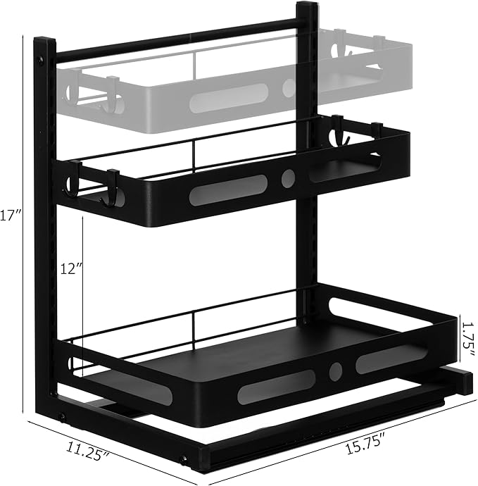 Basicwise Adjustable Height Under Sink Pull-Out Organizer Sliding Shelf Rack Heavy-Duty Mesh Baskets for Kitchen & Bathroom Cabinets Ideal for Tall Bottles Cleaning Supplies & Tight Spaces, Set of 2