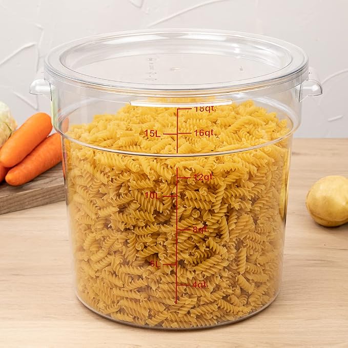 Restaurantware Met Lux 18 Quart Food Storage Container, 1 Round Commercial Storage Container - Lid Sold Separately, With Volume Markers, Clear Plastic Food Prep Bucket, Space-Saving Storage