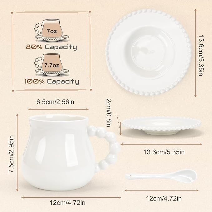Espresso Cups with Set of 6 Saucers and Spoons, 8 oz Porcelain Coffee Cup Mugs for Latte, Au Lait, Flat White, Mocha, Tea, Elegant Tea Mugs Set, Dishwasher & Microwave Safe