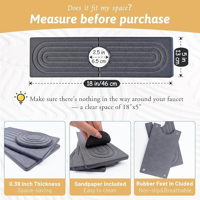 Diatomite Sink Mat around Faucet, Instant Dry Stone Sink Tray Cleaning Tools Holder Prevents Moisture Buildup, Sink Splash Guard for Bathroom Laundry Counter, Elegance Stylish Birthday Gift, Dark Gray
