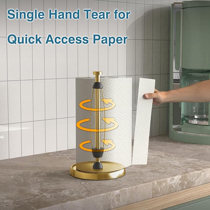 Paper Towel Holder Countertop, Gold Kitchen Accessories Decor, Stainless Steel, Weighted Base, Gold, Paper Towel Roll Holder Stand with Ratchet Mechanism for Kitchen Bathroom Farmhouse Essentials