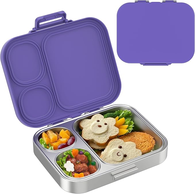 Stainless Steel Lunch Box, Leak-Proof with free sealing Bento Box 3 Compartments, Metal Lunchbox for Travel & Work, Eco-Friendly Meal Storage Solution Purple