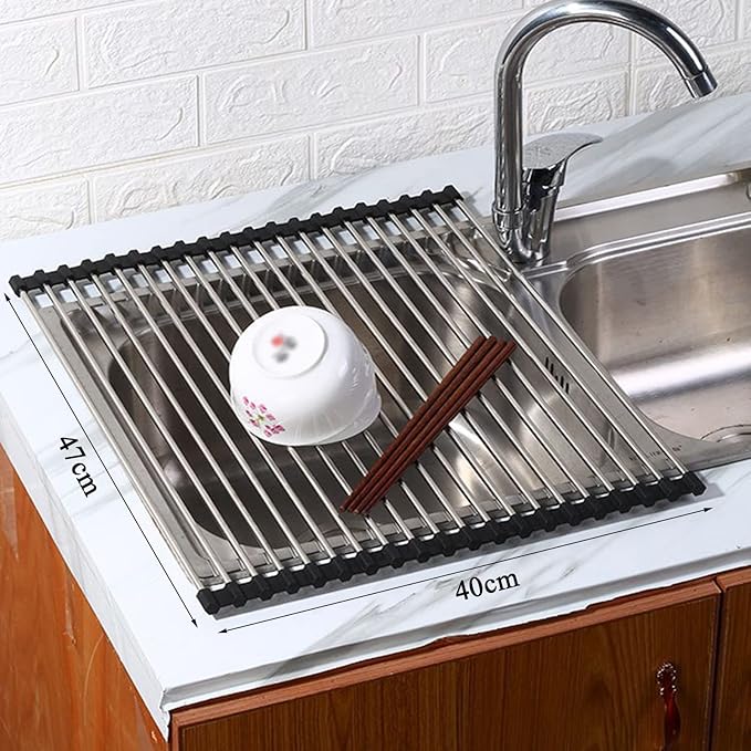 Sink Drainer Rack - Roll Up Over Sink Dish Drying Rack, Multi-Purpose Fruit Vegetable Drainer, Collapsible Stainless Steel Rack for Kitchen Organization(40L x 47W cm)