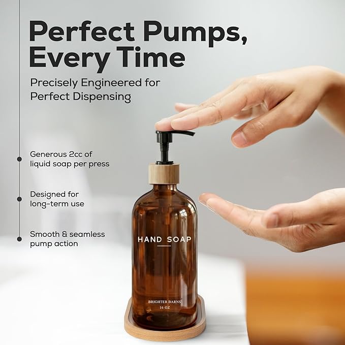 Amber Glass Hand and Dish Soap Dispenser Set by Brighter Barns - Kitchen Soap Dispenser Set with Tray - Bamboo Pump Bottles for Kitchen Sink - Modern Home Decor, Neutral Decor for Airbnb, Gift (Amber)