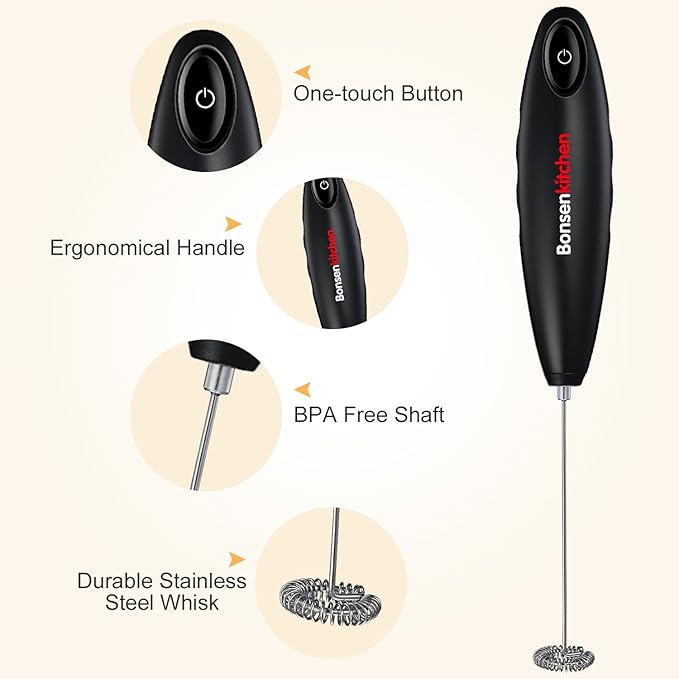 Bonsenkitchen Milk Frother Handheld Battery Operated Electric Foam Maker, Drink Mixer with Stainless Steel Whisk for Cappuccino, Matcha (Silver+Black)