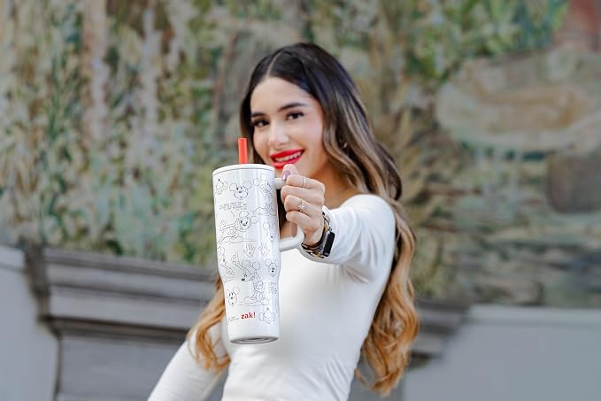 Zak Designs Disney Sutton Travel Tumbler for On the Go, 30oz Stainless Steel with Vacuum Insulation, Silicone Straw, and Carry Handle for Cold Drinks (Mickey Mouse Sketch)