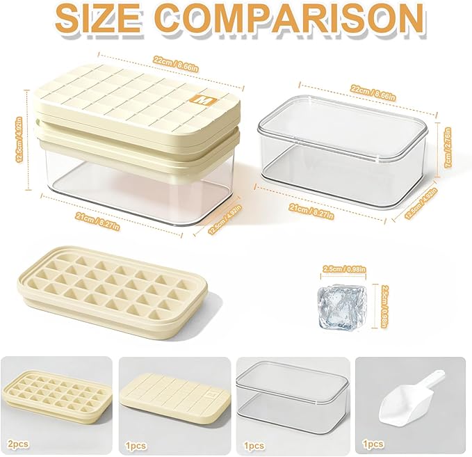 Ice Cube Tray - Freezer Ice Tray Ice Mold Ice Maker for Drinks Whiskey Beer Cocktail Coffee, Transparent Sealed Lid Design for Keep Ice Clean, With Tweezers and 2 Ice Trays Storage（White）