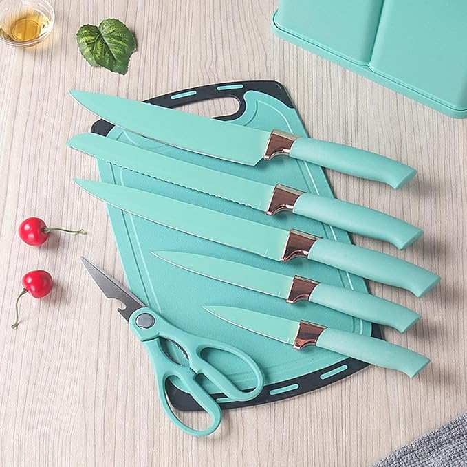 Kitchen Utensil and Knife Set with Storage, 19 in 1 Set with 11 Piece Silicone Cooking Utensils, 5 Pcs Sharp Stainless Steel Chef Knives Scissors Whisk Tongs and Cutting Board Teal