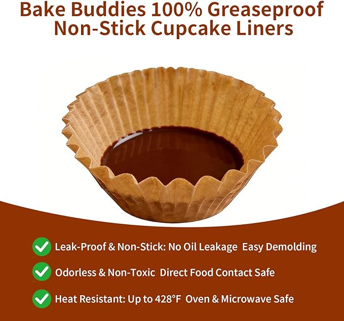 Cupcake Liners & Muffin Liners - JUMBO, NON STICK, THICK Parchment Paper For Baking Muffins - Big Giant Extra Large XL Size, Heavy Duty, Tall Unbleached Natural Brown Cup Cake Holders Wrappers