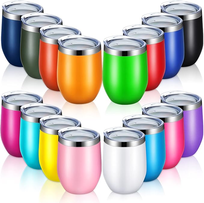 Vesici 16 Pack Wine Tumblers with Lid 12oz Stainless Steel Travel Mugs Stemless Double Wall Vacuum Insulated Wine Glasses Tumbler Bulk for Hot or Cold, Cocktails, Champaign, Whiskey, 16 Colors
