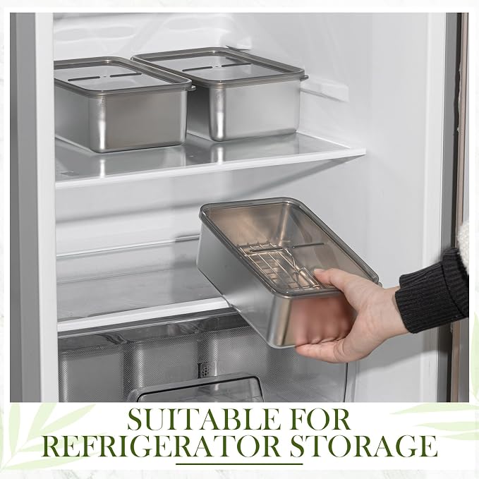 Hushee 3 Set 304 Stainless Steel Containers for Fridge, with Removable Drain Tray, 60 oz Airtight Food Container with Lids for Fruit Bacon Deli Meat Fresh Storage(7.68 x 5.12 x 2.76 Inch)