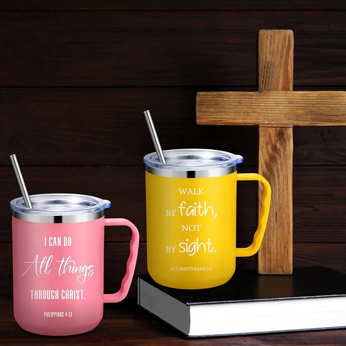 Sieral 12 Pcs Christian Gifts Coffee Mugs with Straw Lid 17 oz Religious Cups with Bible Stainless Steel Tumbler Inspirational Gifts for Women Men Pastor's Church Group(Multiple Colors,Bible Verse)