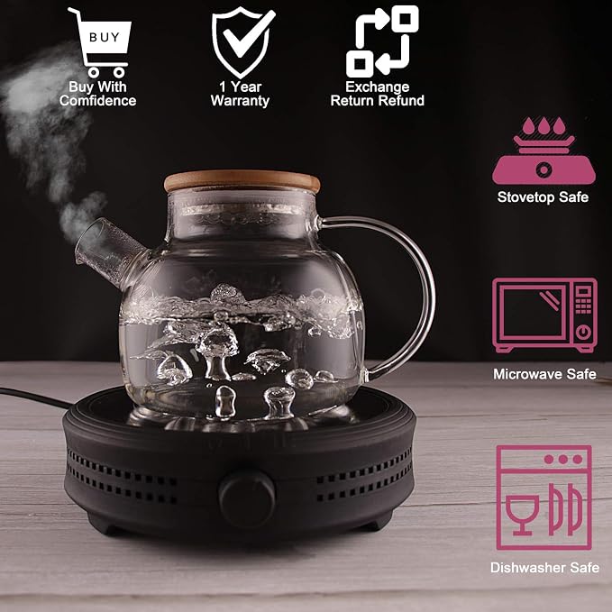CnGlass Glass Teapot Stovetop Safe 40.6oz with Double Walled Glass Coffee Mugs 10oz(2pack)