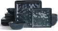 Famiware Ocean Square Plates and Bowls Set, 18 Pieces Stoneware Dinnerware Sets, Dishes Set for 6, Microwave and Dishwasher Safe, Scratch Resistant, Deep Forest