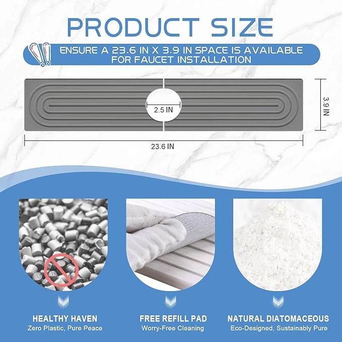 Stone Faucet Mat for Kitchen Sink, Water Absorbent Fast Drying Stone Tray for Sink , Quick Dry Diatomite Splash Guard for Bathroom Counter to Prevent Moisture Buildup, 23.6" x 4", Gark Grey