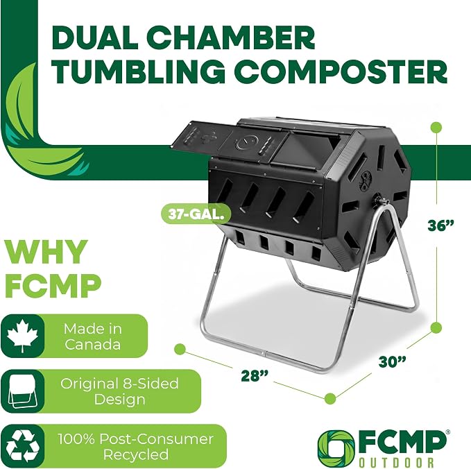 FCMP Outdoor Heavy Duty 37 Gallon 8 Sided Steel Portable Plastic Dual Chamber Tumbling Composter Outdoor Elevated Rotating Garden Compost Bin, Black | 8 Sided Portable Plastic Outdoor Elevated Rotating Garden Compost Bin, Black