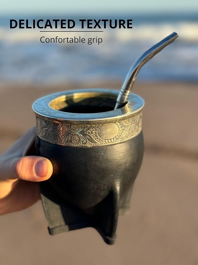 Mate Imperial Argentino, With Straw Tea Gourd Mug One Bombilla Mate (Straw), Wrapped Handmade Leather, Includes Premium Packaging(black)