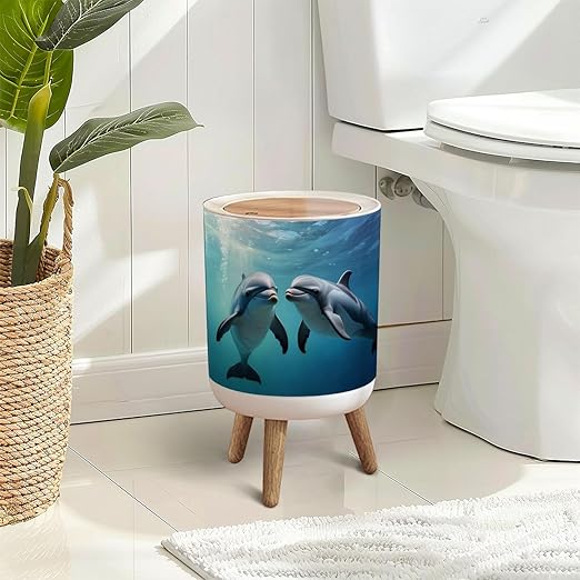 Trash Can with Lid Two Dolphins Happily Swimming Ocean Press Top Round Small Garbage Bin with Wooden Legs Waste Basket for Kitchen Bedroom Nursery 7L/1.8 Gallon