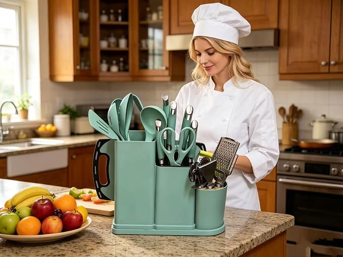 Kitchen Utensils and Knives Set, 20PCS Knife and Cooking Spoon Tools Set with Storage Holder, Sharp Stainless Steel Knife Sets with Bread, Chef Knife (Teal)