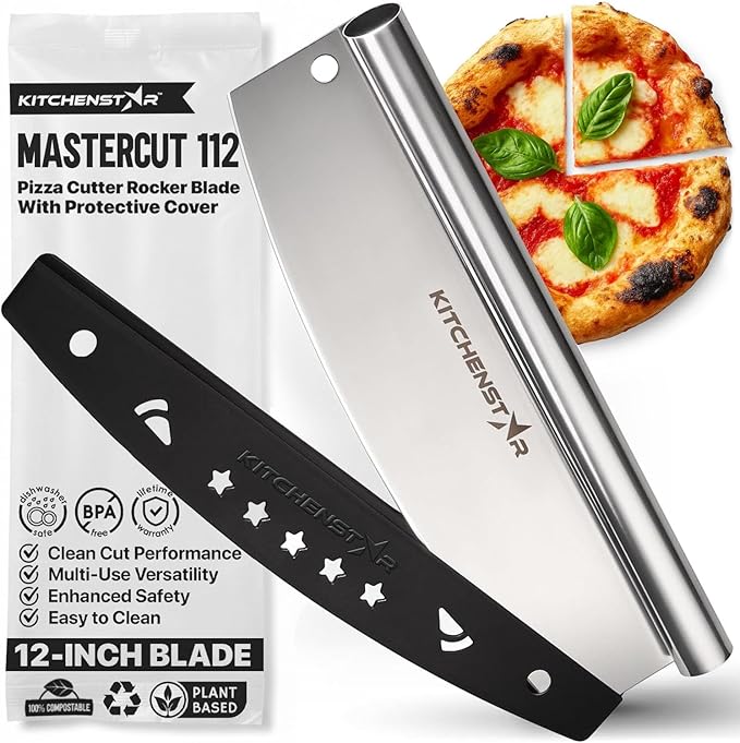 KitchenStar 12-Inch Pizza Cutter Rocker Blade - Sharp Stainless Steel Slicer Knife, Protective Cover, Dishwasher Safe, Small - Professional Pizza Oven Accessories