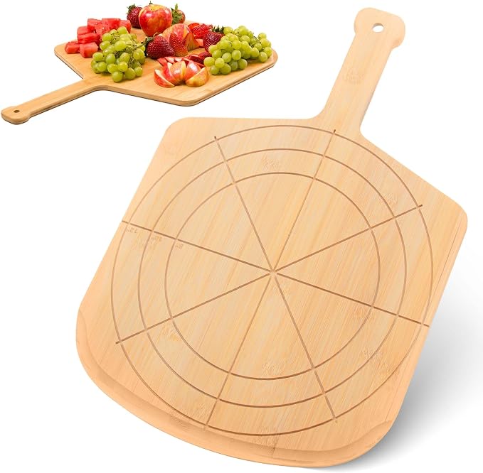 Wooden Pizza Peel 12 Inch Board with Engraved Sizes - Multi-Purpose Bamboo Pizza Cutting Board, Wood Pizza Peel, Pizza Spatula Paddle, and Serving Board with Size and Cutting Guide