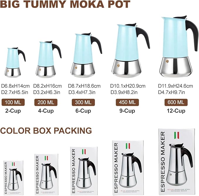 9 Cup Stovetop Espresso Maker Stainless Steel Moka Pot Stove Top Percolator Italian Coffee Makers Capable Mocha Greca Machine Cafe Classic Induction Cookers for Home and Camping 450ml 15oz