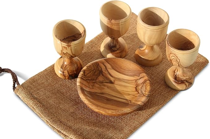 Olive Wood Communion Cups & Bread Plate Set - 4 Hand-Carved Kiddush Goblets with Tray from Bethlehem – Authentic Holy Land Gift for Church, Ministry & Worship