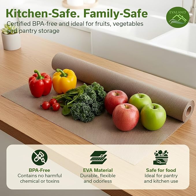 EVALAND Shelf Liners for Kitchen Cabinets Non-Adhesive 12" x 33 FT Beige Drawer Liner Non Slip, Washable Cabinet Liner, Waterproof Shelf Liners for Cabinets, Refrigerator Bathroom Pantry - Thickened