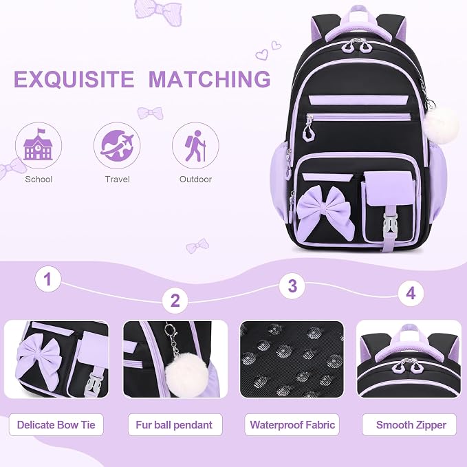 DIGOBAY Girls Backpack - Includes 14oz Insulated Water Bottle, Girls School Backpack Set with Lunch Bag & Pencil Case Teens for School (Black-Purple)