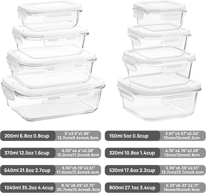 Vtopmart 8 Pack Glass Food Storage Containers with Airtight Lids, Glass Meal Prep Containers, Lunch Office Meal for Microwave, Oven, Freezer and Dishwasher, BPA Free