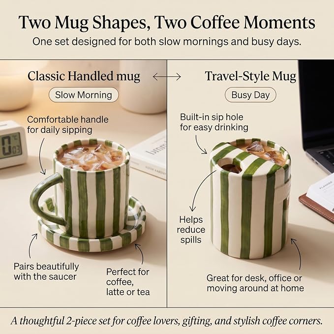Maxdot 2 Pack Ceramic Coffee Mug with Sip Hole, Retro Striped 8oz 10oz Hand-painted Ceramic Coffee Cup, Drinking Mug for Hot & Cold Drinks, Aesthetic Kitchen Office Travel & Gift