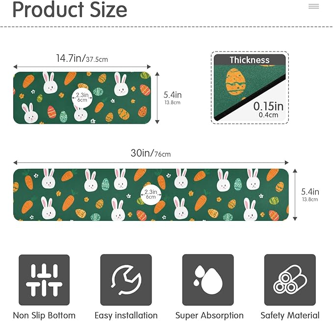 Kitchen Sink Splash Guard 2 PCS 14.7 Inch Sink Faucet Mat Splash Guard for Bathroom Countertop Water Absorbent Foldable Cuttable Soft Washable Deep Green Easter Rabbit Eggs Carrots